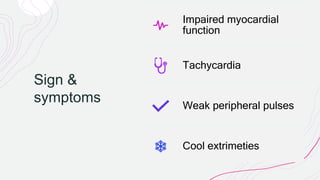 Sign &
symptoms
Impaired myocardial
function
Tachycardia
Weak peripheral pulses
Cool extrimeties
 