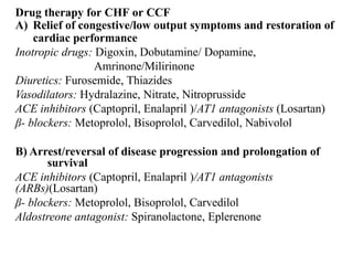 Drug therapy for CHF or CCF
A) Relief of congestive/low output symptoms and restoration of
cardiac performance
Inotropic drugs: Digoxin, Dobutamine/ Dopamine,
Amrinone/Milirinone
Diuretics: Furosemide, Thiazides
Vasodilators: Hydralazine, Nitrate, Nitroprusside
ACE inhibitors (Captopril, Enalapril )/AT1 antagonists (Losartan)
β- blockers: Metoprolol, Bisoprolol, Carvedilol, Nabivolol
B) Arrest/reversal of disease progression and prolongation of
survival
ACE inhibitors (Captopril, Enalapril )/AT1 antagonists
(ARBs)(Losartan)
β- blockers: Metoprolol, Bisoprolol, Carvedilol
Aldostreone antagonist: Spiranolactone, Eplerenone
 
