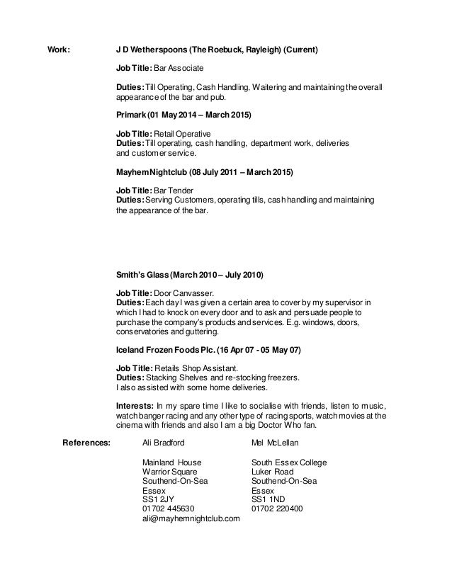 cv 2015 retail operative job description