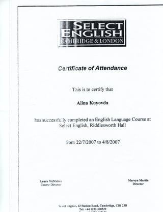 "Select English" Certificate of Attendance
