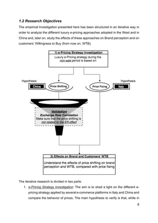 8
1.2 Research Objectives
The empirical Investigation presented here has been structured in an iterative way in
order to analyze the different luxury e-pricing approaches adopted in the West and in
China and, later on, study the effects of these approaches on Brand perception and on
customers’ Willingness to Buy (from now on, WTB).
The iterative research is divided in two parts:
1. e-Pricing Strategy Investigation: The aim is to shed a light on the different e-
pricing strategy applied by several e-commerce platforms in Italy and China and
compare the behavior of prices. The main hypothesis to verify is that, while in
 
