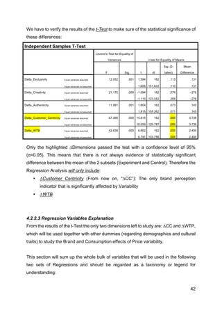 42
We have to verify the results of the t-Test to make sure of the statistical significance of
these differences:
Independent Samples T-Test
Levene's Test for Equality of
Variances t-test for Equality of Means
F Sig. t df
Sig. (2-
tailed)
Mean
Difference
Delta_Exclusivity Equal variances assumed 12.052 .001 1.594 162 .113 .131
Equal variances not assumed 1.606 151.633 .110 .131
Delta_Creativity Equal variances assumed 21.175 .000 -1.094 162 .276 -.276
Equal variances not assumed -1.110 123.042 .269 -.276
Delta_Authenticity Equal variances assumed 11.991 .001 1.804 162 .073 .145
Equal variances not assumed 1.815 155.262 .071 .145
Delta_Customer_Centricity Equal variances assumed 67.366 .000 15.815 162 .000 3.738
Equal variances not assumed 16.059 120.787 .000 3.738
Delta_WTB Equal variances assumed 42.638 .000 6.662 162 .000 2.495
Equal variances not assumed 6.791 103.756 .000 2.495
Only the highlighted ∆Dimensions passed the test with a confidence level of 95%
(α=0.05). This means that there is not always evidence of statistically significant
difference between the mean of the 2 subsets (Experiment and Control). Therefore the
Regression Analysis will only include:
• ∆Customer Centricity (From now on, “∆CC”): The only brand perception
indicator that is significantly affected by Variability
• ∆WTB
4.2.2.3 Regression Variables Explanation
From the results of the t-Test the only two dimensions left to study are: ∆CC and ∆WTP,
which will be used together with other dummies (regarding demographics and cultural
traits) to study the Brand and Consumption effects of Price variability.
This section will sum up the whole bulk of variables that will be used in the following
two sets of Regressions and should be regarded as a taxonomy or legend for
understanding:
 