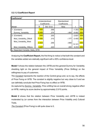 56
5.2.1.2 Coefficient Report
Analyzing the Coefficient Report, the first thing to notice is that both the constant and
the variables added are statically significant with a 95% confidence level.
Model 1 shows the relation between the ∆WTB and the general Dummy for Variability
shedding light on the general impact of Price Variability (Price Shifting) on the
willingness to pay of customers.
The Constant represents the reaction of the Control group and, so to say, the effects
of Price Fixing on WTB. The constant is slightly negative but very close to 0 and we
can definitely conclude that Price Fixing has no effect on WTB.
As captured by Dummy_Variability, Price shifting has an overall strong negative effect
on WTB, making its score decline by approximately 2.5/10 points.
Model 2 shows that the relation between Price Variability and ∆WTB is indeed
moderated by (or comes from the interaction between Price Volatility and) Cultural
Traits.
The Constant (Price Fixing) is still quite close to 0.
Coefficientsa
Model
Unstandardized
Coefficients
Standardized
Coefficients
t Sig.B Std. Error Beta
1 (Constant) -.363 .268 -1.353 .008
Dummy_Variability -2.495 .374 -.464 -6.662 .000
2 (Constant) -.545 .205 -2.657 .009
Mod_Variability_CMulti -1.082 .310 -.177 -3.493 .001
Mod_Variability_West
-3.924 .299 -.668
-
13.121
.000
Mod_Variability_CMono 3.487 .422 .395 8.253 .000
a. Dependent Variable: Delta_WTB
 