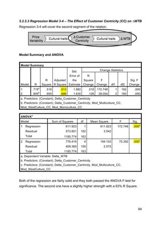 64
5.2.2.3 Regression Model 3-4 – The Effect of Customer Centricity (CC) on ∆WTB
Regression 3-4 will cover the second segment of the relation.
Model Summary and ANOVA
Model Summary
Model R
R
Square
Adjusted
R Square
Std.
Error of
the
Estimate
Change Statistics
R
Square
Change
F
Change df1 df2
Sig. F
Change
1 .718a
.516 .513 1.882 .516 172.748 1 162 .000
2 .809b
.655 .646 1.630 .126 28.054 2 160 .000
a. Predictors: (Constant), Delta_Customer_Centricity
b. Predictors: (Constant), Delta_Customer_Centricity, Mod_Multiculture_CC,
Mod_WestCulture_CC, Mod_Monoculture_CC
ANOVAa
Model Sum of Squares df Mean Square F Sig.
1 Regression 611.923 1 611.923 172.748 .000b
Residual 573.851 162 3.542
Total 1185.774 163
2 Regression 776.414 4 194.103 75.392 .000c
Residual 409.360 159 2.575
Total 1185.774 163
a. Dependent Variable: Delta_WTB
b. Predictors: (Constant), Delta_Customer_Centricity
c. Predictors: (Constant), Delta_Customer_Centricity, Mod_Multiculture_CC,
Mod_WestCulture_CC
Both of the regression are fairly solid and they both passed the ANOVA F-test for
significance. The second one have a slightly higher strength with a 63% R Square.
 