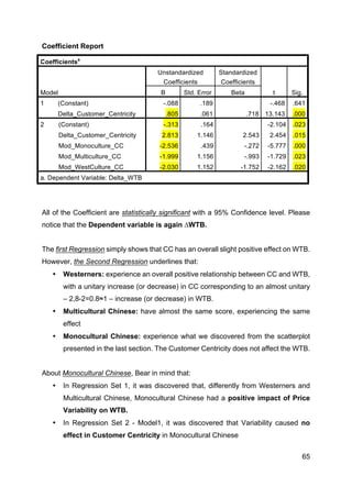 65
Coefficient Report
Coefficientsa
Model
Unstandardized
Coefficients
Standardized
Coefficients
t Sig.B Std. Error Beta
1 (Constant) -.088 .189 -.468 .641
Delta_Customer_Centricity .805 .061 .718 13.143 .000
2 (Constant) -.313 .164 -2.104 .023
Delta_Customer_Centricity 2.813 1.146 2.543 2.454 .015
Mod_Monoculture_CC -2.536 .439 -.272 -5.777 .000
Mod_Multiculture_CC -1.999 1.156 -.993 -1.729 .023
Mod_WestCulture_CC -2.030 1.152 -1.752 -2.162 .020
a. Dependent Variable: Delta_WTB
All of the Coefficient are statistically significant with a 95% Confidence level. Please
notice that the Dependent variable is again ∆WTB.
The first Regression simply shows that CC has an overall slight positive effect on WTB.
However, the Second Regression underlines that:
• Westerners: experience an overall positive relationship between CC and WTB,
with a unitary increase (or decrease) in CC corresponding to an almost unitary
– 2,8-2=0.8≈1 – increase (or decrease) in WTB.
• Multicultural Chinese: have almost the same score, experiencing the same
effect
• Monocultural Chinese: experience what we discovered from the scatterplot
presented in the last section. The Customer Centricity does not affect the WTB.
About Monocultural Chinese, Bear in mind that:
• In Regression Set 1, it was discovered that, differently from Westerners and
Multicultural Chinese, Monocultural Chinese had a positive impact of Price
Variability on WTB.
• In Regression Set 2 - Model1, it was discovered that Variability caused no
effect in Customer Centricity in Monocultural Chinese
 