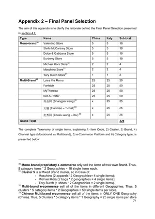 71
Appendix 2 – Final Panel Selection
The aim of this appendix is to clarify the rationale behind the Final Panel Selection presented
in section 4.1.
Type Name China Italy Subtotal
Mono-brand30
Valentino Store 5 5 10
Stella McCartney Store 5 5 10
Dolce & Gabbana Store 5 5 10
Burberry Store 5 5 10
Michael Kors Store31
2 2 4
Moschino Store
31
2 2 4
Tory Burch Store
31
1 1 2
Multi-Brand32
Luisa Via Roma 25 25 50
Farfetch 25 25 50
MyTheresa 25 25 50
Net-A-Porter 25 25 50
尚品网 (Shangpin wang)33
x 25 25
天猫 (Tianmao – T-mall)
33
x 25 25
走秀网 (Zouxiu wang – Xiu)
33
x 25 25
Grand Total 325
The complete Taxonomy of single items, explaining 1) Item Code, 2) Cluster, 3) Brand, 4)
Channel type (Monobrand vs Multibrand), 5) e-Commerce Platform and 6) Category type, is
presented below:
	
  
	
  
	
  
30
Mono-brand proprietary e-commerce only sell the items of their own Brand. Thus,
5 category items * 2 Geographies = 10 single items each.
31
Cluster 5 is a Mixed Brand cluster, so in Case of:
- Moschino (2 apparels* 2 Geographies= 4 single items);
- Michael Kors (2 bags * 2 geographies = 4 single items);
- Tory Burch (1 shoes * 2 Geographies = 2 single items).
32
Multi-brand e-commerce sell all of the items in different Geographies. Thus, 5
clusters * 5 category items * 2 Geographies = 50 single items per store.
33
Chinese Multibrand e-commerce sell all of the items in ONLY ONE Geography
(China). Thus, 5 Clusters * 5 category items * 1 Geography = 25 single items per store
 