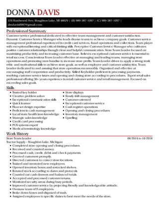 Professional Summary
Skills
Work History
DONNA DAVIS
124 Hardwood Ave, Houghton Lake, MI 48629 | (H) 989-387-1097 | (C) 989-387-1097 |
dmdavis0997@gmail.com
Customer service professional dedicated to effective team management and customer satisfaction.
Dynamic Customer Service Manager who leads diverse teams to achieve company goals. Customer service
management professional experienced in credit card services, fraud operations and collections. Team player
with exceptional listening and critical thinking skills. Perceptive Customer Service Manager who cultivates
positive customer relationships through clear and helpful communication. Store Team Leader focused on
maximizing productivity and increasing customer base. Believes exceptional customer service is essential to
retail success. Conscientious Team Leader effective at managing and leading teams, managing store
operations and promoting merchandise to increase store profits. Team Leader driven to apply a strong work
ethic and motivational skills to achieve store goals, as well as employee and customer satisfaction. Team
Leader dedicated to and assuring that store operations run smoothly. Organized and effective at
encouraging staff cooperation and productivity. Skilled Keyholder proficient in processing payments,
resolving customer service issues and opening and closing store according to procedures. Expert retail sales
professional offering 30+ years experience in retail customer service and retail management. Focused on
exceeding sales goals.
Trusted key holder
Creative problem solver
Exceptional communication skills
Quick learner
Floor set design expertise
Proficient in cash management
Local/state health laws knowledge
Strategic sales knowledge
Credit card processing
POS systems expert
Medical terminology knowledge
Store displays
Hourly shift management
Customer-oriented
Exceptional customer service
Cash register operations
Opening and closing procedures
Inventory management
Upselling
06/2014 to 10/2016Store Team Leader
Tractor Supply – Houghton Lake, Michigan
Completed store opening and closing procedures.
Received and counted money.
Processed cash, credit, debit and check payments.
Greeted customers promptly.
Directed customers to correct store locations.
Trained and mentored new employees.
Opened inventory boxes and restocked shelves.
Rotated stock according to dates and protocols.
Counted out cash drawers and balanced totals.
Accepted and processed customer returns.
Monitored security areas during busy periods.
Improved customer service by projecting friendly and knowledgeable attitude.
Oversaw team of 9 employees.
Broke down boxes and disposed of trash.
Assigned employees to specific duties to best meet the needs of the store.
 