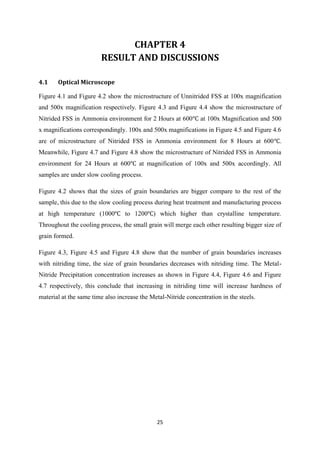 25
CHAPTER 4
RESULT AND DISCUSSIONS
4.1 Optical Microscope
Figure 4.1 and Figure 4.2 show the microstructure of Unnitrided FSS at 100x magnification
and 500x magnification respectively. Figure 4.3 and Figure 4.4 show the microstructure of
Nitrided FSS in Ammonia environment for 2 Hours at 600 at 100x Magnification and 500
x magnifications correspondingly. 100x and 500x magnifications in Figure 4.5 and Figure 4.6
are of microstructure of Nitrided FSS in Ammonia environment for 8 Hours at 600 .
Meanwhile, Figure 4.7 and Figure 4.8 show the microstructure of Nitrided FSS in Ammonia
environment for 24 Hours at 600 at magnification of 100x and 500x accordingly. All
samples are under slow cooling process.
Figure 4.2 shows that the sizes of grain boundaries are bigger compare to the rest of the
sample, this due to the slow cooling process during heat treatment and manufacturing process
at high temperature (1000 to 1200 ) which higher than crystalline temperature.
Throughout the cooling process, the small grain will merge each other resulting bigger size of
grain formed.
Figure 4.3, Figure 4.5 and Figure 4.8 show that the number of grain boundaries increases
with nitriding time, the size of grain boundaries decreases with nitriding time. The Metal-
Nitride Precipitation concentration increases as shown in Figure 4.4, Figure 4.6 and Figure
4.7 respectively, this conclude that increasing in nitriding time will increase hardness of
material at the same time also increase the Metal-Nitride concentration in the steels.
 