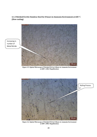 28
4.1.3 Nitrided Ferritic Stainless Steel for 8 hours in Ammonia Environment at 600
(Slow cooling)
Figure 4 5: Optical Microscope of Nitrided FSS for 8 Hours in Ammonia Environment
at 600 (100x Magnification)
Figure 4 6: Optical Microscope of Nitrided FSS for 8 Hours in Ammonia Environment
at 600 (500x Magnification)
Rolling Process
Increasing in
number of
Metal Nitride
precipitations
 