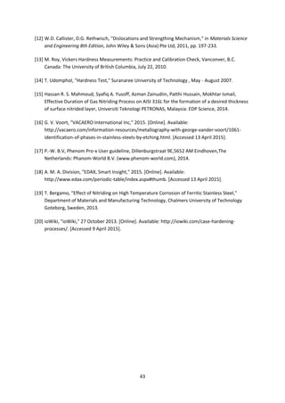 43
[12] W.D. Callister, D.G. Rethwisch, "Dislocations and Strengthing Mechanism," in Materials Science
and Engineering 8th Edition, John Wiley & Sons (Asia) Pte Ltd, 2011, pp. 197-233.
[13] M. Roy, Vickers Hardness Measurements: Practice and Calibration Check, Vanconver, B.C.
Canada: The University of British Columbia, July 22, 2010.
[14] T. Udomphol, "Hardness Test," Suranaree University of Technology , May - August 2007.
[15] Hassan R. S. Mahmoud, Syafiq A. Yusoff, Azman Zainudiin, Patthi Hussain, Mokhtar Ismail,
Effective Duration of Gas Nitriding Process on AISI 316L for the formation of a desired thickness
of surface nitrided layer, Universiti Teknologi PETRONAS, Malaysia: EDP Science, 2014.
[16] G. V. Voort, "VACAERO International Inc," 2015. [Online]. Available:
http://vacaero.com/information-resources/metallography-with-george-vander-voort/1061-
identification-of-phases-in-stainless-steels-by-etching.html. [Accessed 13 April 2015].
[17] P.-W. B.V, Phenom Pro-x User guideline, Dillenburgstraat 9E,5652 AM Eindhoven,The
Netherlands: Phanom-World B.V. (www.phenom-world.com), 2014.
[18] A. M. A. Division, "EDAX, Smart Insight," 2015. [Online]. Available:
http://www.edax.com/periodic-table/index.aspx#thumb. [Accessed 13 April 2015].
[19] T. Bergamo, "Effect of Nitriding on High Temperature Corrosion of Ferritic Stainless Steel,"
Department of Materials and Manufacturing Technology, Chalmers University of Technology
Goteborg, Sweden, 2013.
[20] ioWiki, "ioWiki," 27 October 2013. [Online]. Available: http://iowiki.com/case-hardening-
processes/. [Accessed 9 April 2015].
 