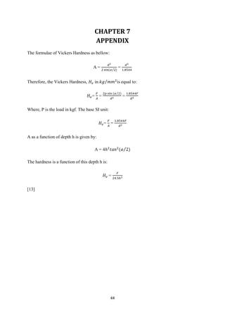 44
CHAPTER 7
APPENDIX
The formulae of Vickers Hardness as bellow:
A = =
Therefore, the Vickers Hardness, in is equal to:
= = =
Where, P is the load in kgf. The base SI unit:
= =
A as a function of depth h is given by:
A = 4
The hardness is a function of this depth h is:
=
[13]
 