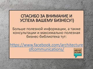 СПАСИБО ЗА ВНИМАНИЕ И
УСПЕХА ВАШЕМУ БИЗНЕСУ!)
Больше полезной информации, а также
консультации и максимально полезная
бизнес-библиотека тут:
https://www.facebook.com/architecture
ofcommunications/
 