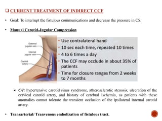  CURRENT TREATMENT OF INDIRECT CCF
• Goal: To interrupt the fistulous communications and decrease the pressure in CS.
• Manual Carotid-Jugular Compression
 C/I: hypertensive carotid sinus syndrome, atherosclerotic stenosis, ulceration of the
cervical carotid artery, and history of cerebral ischemia, as patients with these
anomalies cannot tolerate the transient occlusion of the ipsilateral internal carotid
artery.
• Transarterial/ Tranvenous embolization of fistulous tract.
 