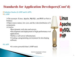 Common Standards In Cloud
Computing
16
Solution Stacks (LAMP and LAPP)
LAMP
The acronym Linux, Apache, MySQL, and PHP (or Perl or
Python)
Open source nature, low cost, and the wide distribution of its
components
Used to
•Run dynamic web sites and servers.
•Development and deployment of high-performance web
applications.
•Define a web server infrastructure.
•Creating a programming environment for developing
software.
LAPP
•It is more powerful than LAMP stack
 