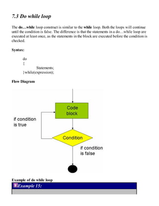 7.3 Do while loop
The do…while loop construct is similar to the while loop. Both the loops will continue
until the condition is false. The difference is that the statements in a do…while loop are
executed at least once, as the statements in the block are executed before the condition is
checked.
Syntax:
do
{
Statements;
}while(expression);
Flow Diagram
Example of do while loop
Example 15:
 