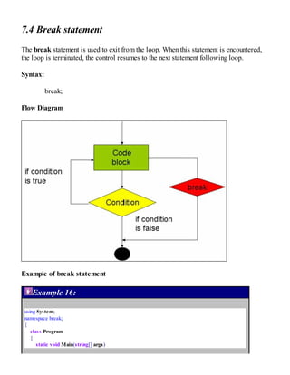 7.4 Break statement
The break statement is used to exit from the loop. When this statement is encountered,
the loop is terminated, the control resumes to the next statement following loop.
Syntax:
break;
Flow Diagram
Example of break statement
Example 16:
using System;
namespace break;
{
class Program
{
static void Main(string[] args)
 