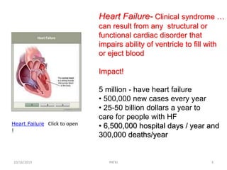 Heart Failure Click to open
!
Heart Failure- Clinical syndrome …
can result from any structural or
functional cardiac disorder that
impairs ability of ventricle to fill with
or eject blood
Impact!
5 million - have heart failure
• 500,000 new cases every year
• 25-50 billion dollars a year to
care for people with HF
• 6,500,000 hospital days / year and
300,000 deaths/year
10/16/2019 3PATKI
 