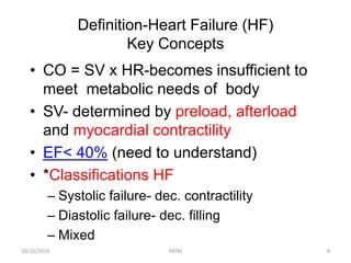 Definition-Heart Failure (HF)
Key Concepts
• CO = SV x HR-becomes insufficient to
meet metabolic needs of body
• SV- determined by preload, afterload
and myocardial contractility
• EF< 40% (need to understand)
• *Classifications HF
– Systolic failure- dec. contractility
– Diastolic failure- dec. filling
– Mixed
10/16/2019 4PATKI
 