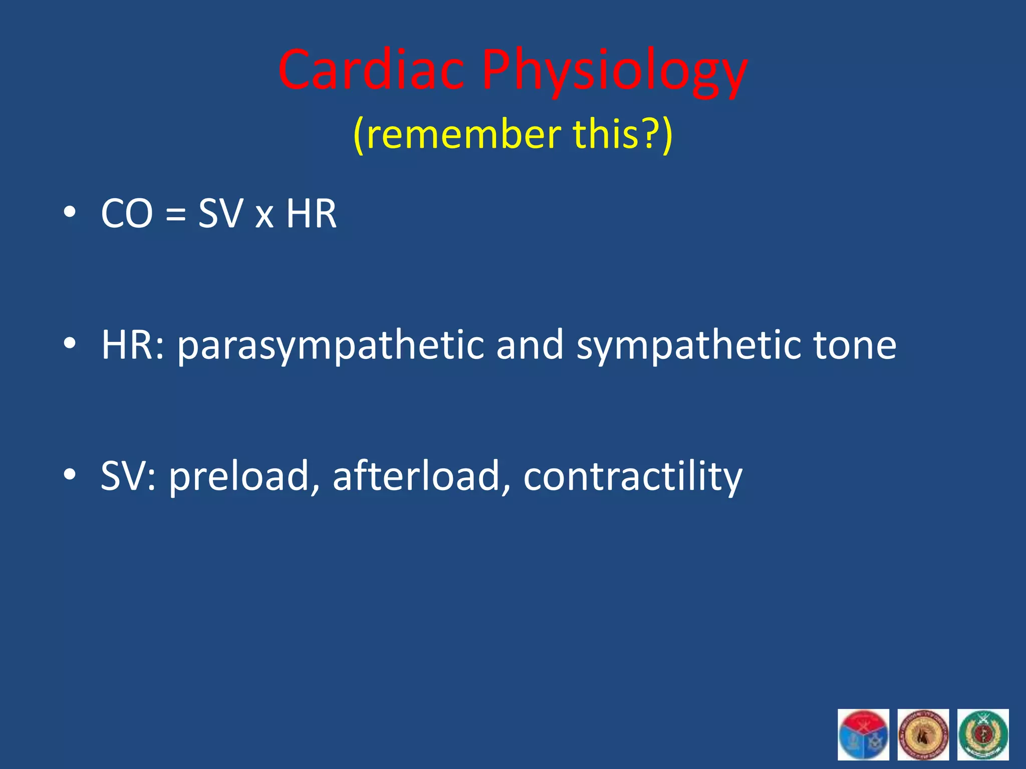 Cardiac Physiology 
(remember this?) 
• CO = SV x HR 
• HR: parasympathetic and sympathetic tone 
• SV: preload, afterload, contractility 
 