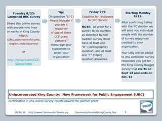 Tip:                     Friday 9/9:               Starting Monday
   Tuesday 8/23:
Launched UKC survey            On question “(I-3)         Deadline for responses               9/12:
                                Please indicate if           to UKC Survey
Share this online survey                                                              After confirming tallies
                                     you are a
with anyone who lives                                     NOTE: In order for a        with the KC Auditor we
                                     supporter
or works in King County                                   survey to be counted        will send you individual
                                 of one of these
         http://                                          as complete by the          emails with the number
                                    CCF grant
ccfkc.communityforums.                                    Auditor, survey must        of survey responses
                                     partners”
  org/en/index/survey/                                    have at least one           credited to your
                                 encourage your
                                                          “D” (Demographic)           organization.
                                  supporters to
           or                                             question, and at least
                                    select your                                       Your tally will be added
                                                          one “T” (Topic)
                                   organization                                       to any additional survey
http://tinyurl.com/CCF-                                   question answered.
                                                                                      responses you get for
      SurveyIndex                                                                     the King County Budget
                                                                                      survey that starts on
                                                                                      Sept 12 and ends on
                                                                                      Oct. 16




 Unincorporated King County: New Framework for Public Engagement (UKC)
Participation in this online survey counts toward the partner grant



     08/24/11   http://www.CommunityForums.org       CommunityForums@KingCounty.Gov     5
 