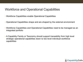 Workforce and Operational Capabilities
• Workforce Capabilities enable Operational Capabilities
• Operational Capabilities shape and are shaped by the external environment
• Workforce Capabilities and Operational Capabilities need to be managed as an
integrated portfolio
• A Capability Family or Taxonomy should support traceability from high level
strategic operational capabilities down to low level individual workforce
capabilities
 