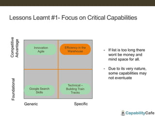 Lessons Learnt #1- Focus on Critical Capabilities
Competitive
Advantage
Foundational
Generic Specific
Google Search
Skills
Technical –
Building Train
Tracks
Innovation
Agile
Efficiency in the
Warehouse - If list is too long there
wont be money and
mind space for all.
- Due to its very nature,
some capabilities may
not eventuate
 