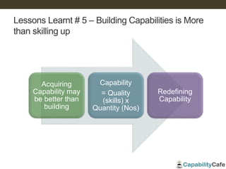 Lessons Learnt # 5 – Building Capabilities is More
than skilling up
Acquiring
Capability may
be better than
building
Capability
= Quality
(skills) x
Quantity (Nos)
Redefining
Capability
 