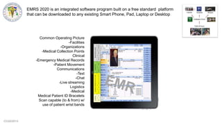 CCG©2013
EMRS 2020 is an integrated software program built on a free standard platform
that can be downloaded to any existing Smart Phone, Pad, Laptop or Desktop
Common Operating Picture
-Facilities
-Organizations
-Medical Collection Points
Clinical
-Emergency Medical Records
-Patient Movement
Communications
-Text
-Chat
-Live streaming
Logistics
-Medical
Medical Patient ID Bracelets
Scan capable (to & from) w/
use of patient wrist bands
 