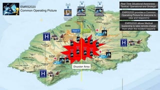 CCG©2013
Disaster Area
Town 2Town 1
Central Data
Depository
State
State EOC FEMA
EMRS2020
Common Operating Picture
EMRS2020 allows Medical
leadership to take remote-charge
from when the incident happens
Real Time Situational Awareness
Tactical, Operational and Strategic
EMRS2020 provides a Common
Operating Picture for everyone to
view and respond to
 