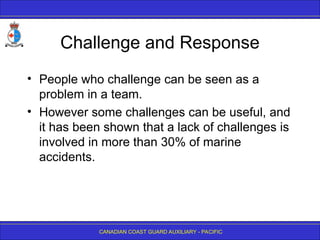 CANADIAN COAST GUARD AUXILIARY - PACIFIC
Challenge and Response
• People who challenge can be seen as a
problem in a team.
• However some challenges can be useful, and
it has been shown that a lack of challenges is
involved in more than 30% of marine
accidents.
 