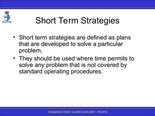 CANADIAN COAST GUARD AUXILIARY - PACIFIC
Short Term Strategies
• Short term strategies are defined as plans
that are developed to solve a particular
problem,
• They should be used where time permits to
solve any problem that is not covered by
standard operating procedures.
 