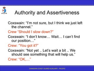 CANADIAN COAST GUARD AUXILIARY - PACIFIC
Authority and Assertiveness
Coxswain: “I’m not sure, but I think we just left
the channel.”
Crew “Should I slow down?”
Coxswain: “I don’t know… Wait… I can’t find
our position…”
Crew: “You got it?”
Coxswain: “Not yet .. Let’s wait a bit .. We
should see something that will help us.”
Crew: “OK,…”
 