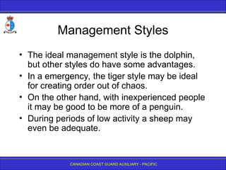 CANADIAN COAST GUARD AUXILIARY - PACIFIC
Management Styles
• The ideal management style is the dolphin,
but other styles do have some advantages.
• In a emergency, the tiger style may be ideal
for creating order out of chaos.
• On the other hand, with inexperienced people
it may be good to be more of a penguin.
• During periods of low activity a sheep may
even be adequate.
 
