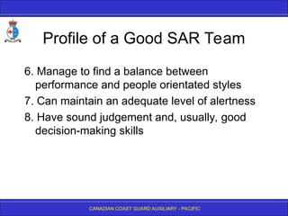 CANADIAN COAST GUARD AUXILIARY - PACIFIC
Profile of a Good SAR Team
6. Manage to find a balance between
performance and people orientated styles
7. Can maintain an adequate level of alertness
8. Have sound judgement and, usually, good
decision-making skills
 
