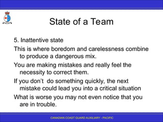 CANADIAN COAST GUARD AUXILIARY - PACIFIC
State of a Team
5. Inattentive state
This is where boredom and carelessness combine
to produce a dangerous mix.
You are making mistakes and really feel the
necessity to correct them.
If you don’t do something quickly, the next
mistake could lead you into a critical situation
What is worse you may not even notice that you
are in trouble.
 