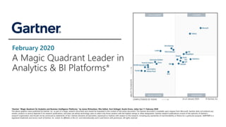 February 2020
A Magic Quadrant Leader in
Analytics & BI Platforms*
*Gartner “Magic Quadrant for Analytics and Business Intelligence Platforms,” by James Richardson, Rita Sallam, Kurt Schlegel, Austin Kronz, Julian Sun 11 February 2020
The above graphics were published by Gartner, Inc. as part of a larger research document and should be evaluated in the context of the entire document. The Gartner document is available upon request from Microsoft. Gartner does not endorse any
vendor, product or service depicted in its research publications, and does not advise technology users to select only those vendors with the highest ratings or other designation. Gartner research publications consist of the opinions of Gartner's
research organization and should not be construed as statements of fact. Gartner disclaims all warranties, expressed or implied, with respect to this research, including any warranties of merchantability or fitness for a particular purpose. GARTNER is a
registered trademark and service mark of Gartner, Inc. and/or its affiliates in the U.S. and internationally and is used herein with permission. All rights reserved.
 