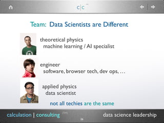 Team: Data Scientists are Different
c|c
(TM)
calculation | consulting data science leadership
theoretical physics
machine learning / AI specialist
(TM)
26
applied physics
data scientist
engineer
software, browser tech, dev ops, …
not all techies are the same
 