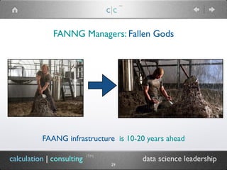 FANNG Managers: Fallen Gods
c|c
(TM)
(TM)
calculation | consulting data science leadership
29
FAANG infrastructure is 10-20 years ahead
 
