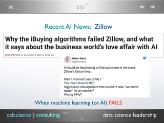 Recent AI News: Zillow
When machine learning (or AI) FAILS
c|c
(TM)
calculation | consulting data science leadership
(TM)
7
 
