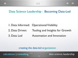 Data Science Leadership : Becoming Data-Led
c|c
(TM)
(TM)
calculation | consulting data science leadership
9
1. Data Informed: OperationalVisibility
2. Data Driven: Tooling and Insights for Growth
3. Data Led Automation and Innovation
creating the data-led organization
 