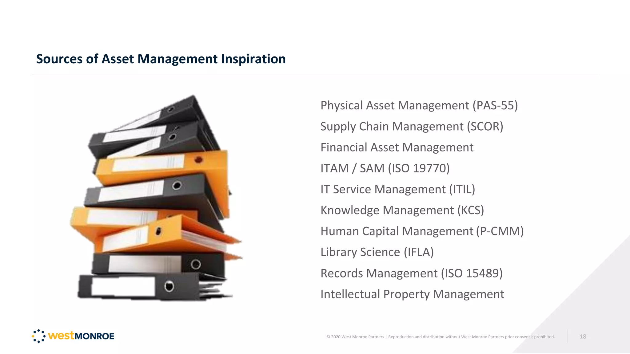 Sources of Asset Management Inspiration
Physical Asset Management (PAS-55)
Supply Chain Management (SCOR)
Financial Asset Management
ITAM / SAM (ISO 19770)
IT Service Management (ITIL)
Knowledge Management (KCS)
Human Capital Management (P-CMM)
Library Science (IFLA)
Records Management (ISO 15489)
Intellectual Property Management
© 2020 West Monroe Partners | Reproduction and distribution without West Monroe Partners prior consentis prohibited. 18
 