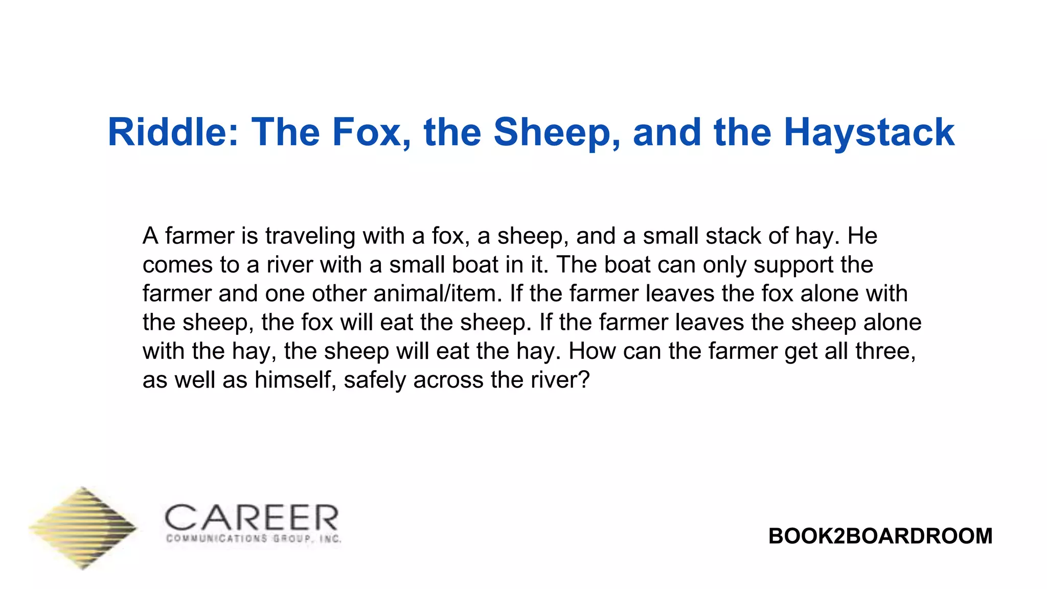 BOOK2BOARDROOM
Riddle: The Fox, the Sheep, and the Haystack
A farmer is traveling with a fox, a sheep, and a small stack of hay. He
comes to a river with a small boat in it. The boat can only support the
farmer and one other animal/item. If the farmer leaves the fox alone with
the sheep, the fox will eat the sheep. If the farmer leaves the sheep alone
with the hay, the sheep will eat the hay. How can the farmer get all three,
as well as himself, safely across the river?
 