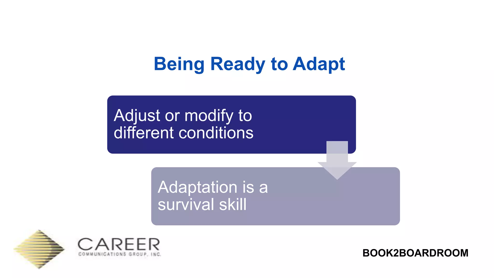 BOOK2BOARDROOM
Being Ready to Adapt
Adjust or modify to
different conditions
Adaptation is a
survival skill
 