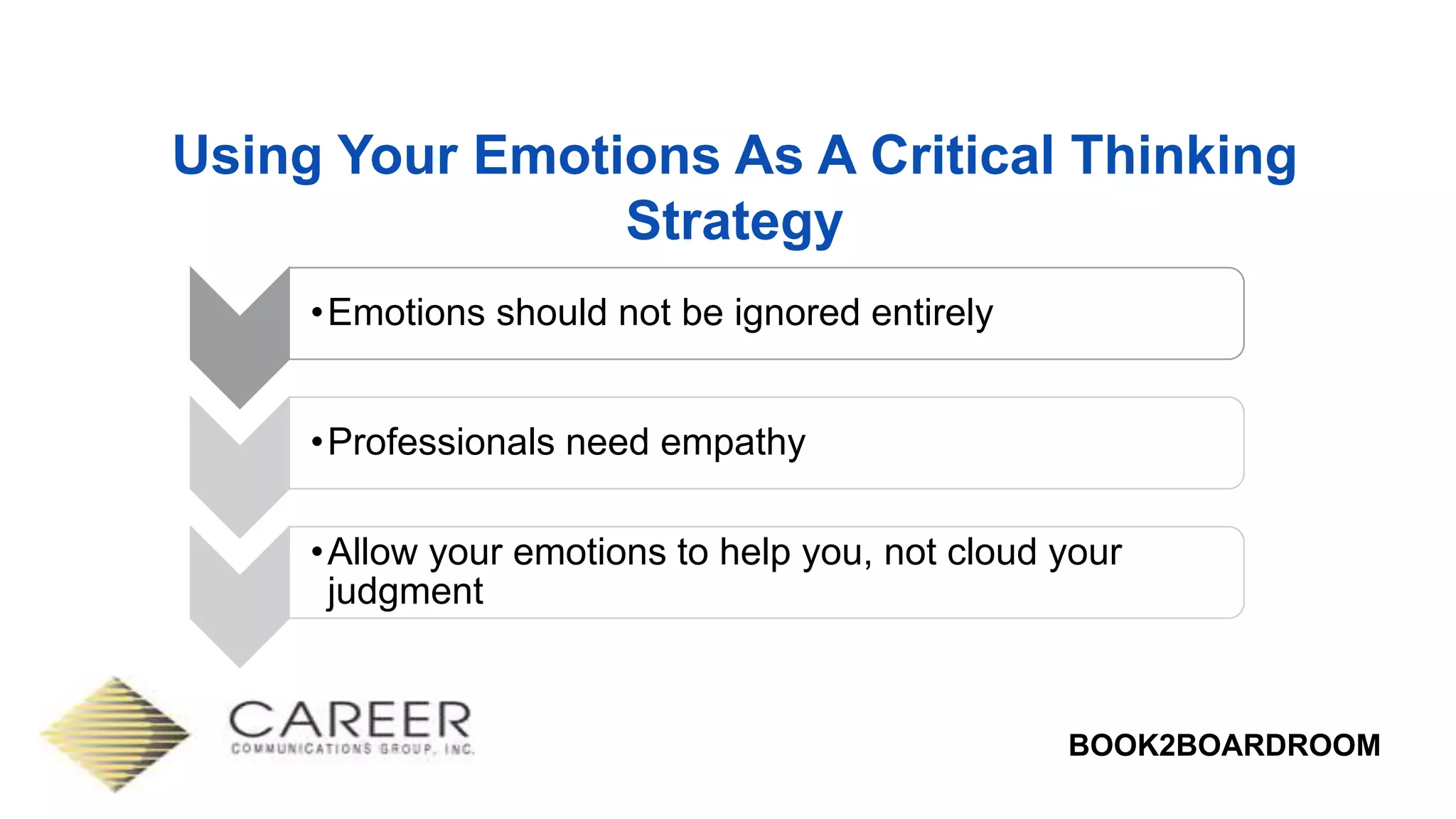 BOOK2BOARDROOM
Using Your Emotions As A Critical Thinking
Strategy
•Emotions should not be ignored entirely
•Professionals need empathy
•Allow your emotions to help you, not cloud your
judgment
 