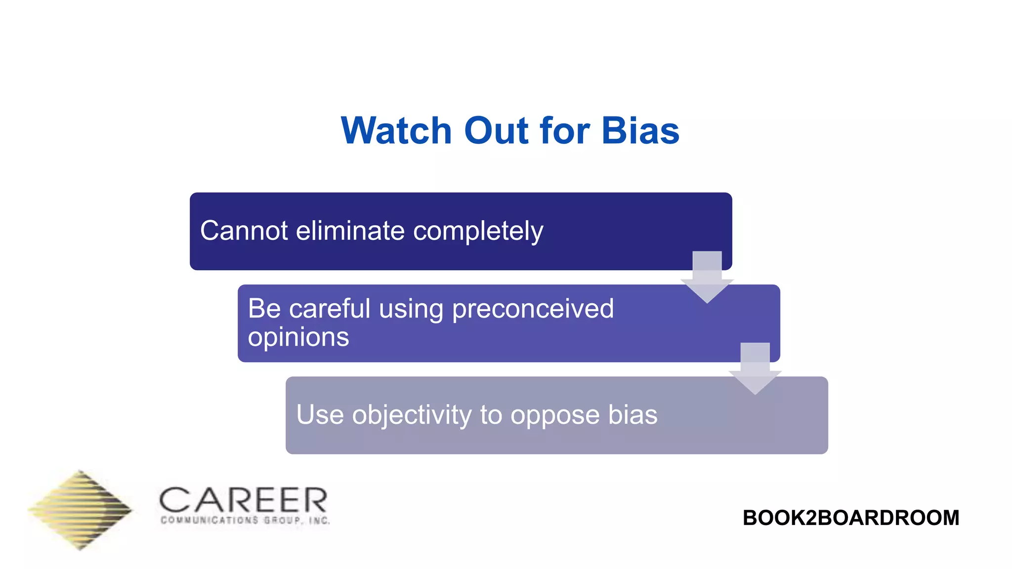 BOOK2BOARDROOM
Watch Out for Bias
Cannot eliminate completely
Be careful using preconceived
opinions
Use objectivity to oppose bias
 