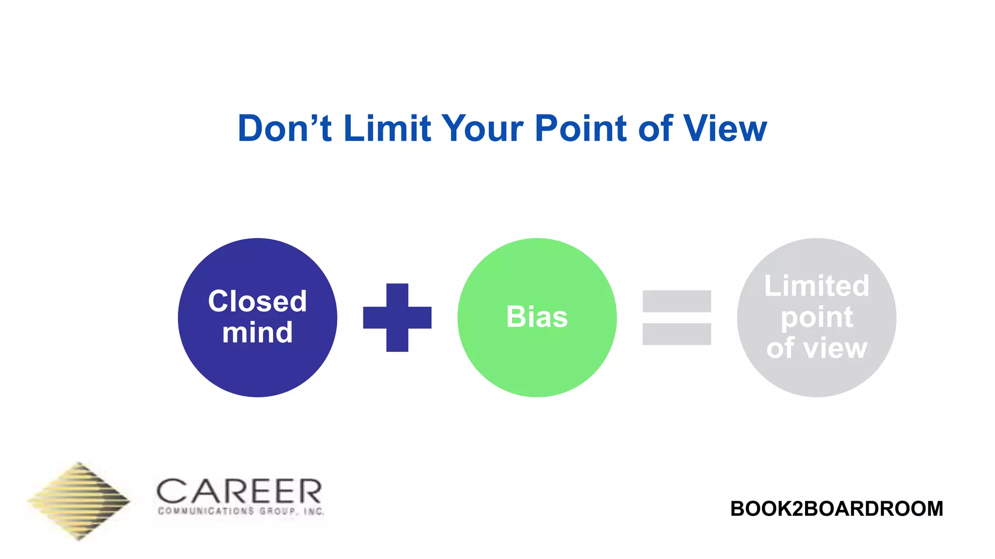 BOOK2BOARDROOM
Don’t Limit Your Point of View
Closed
mind
Bias
Limited
point
of view
 