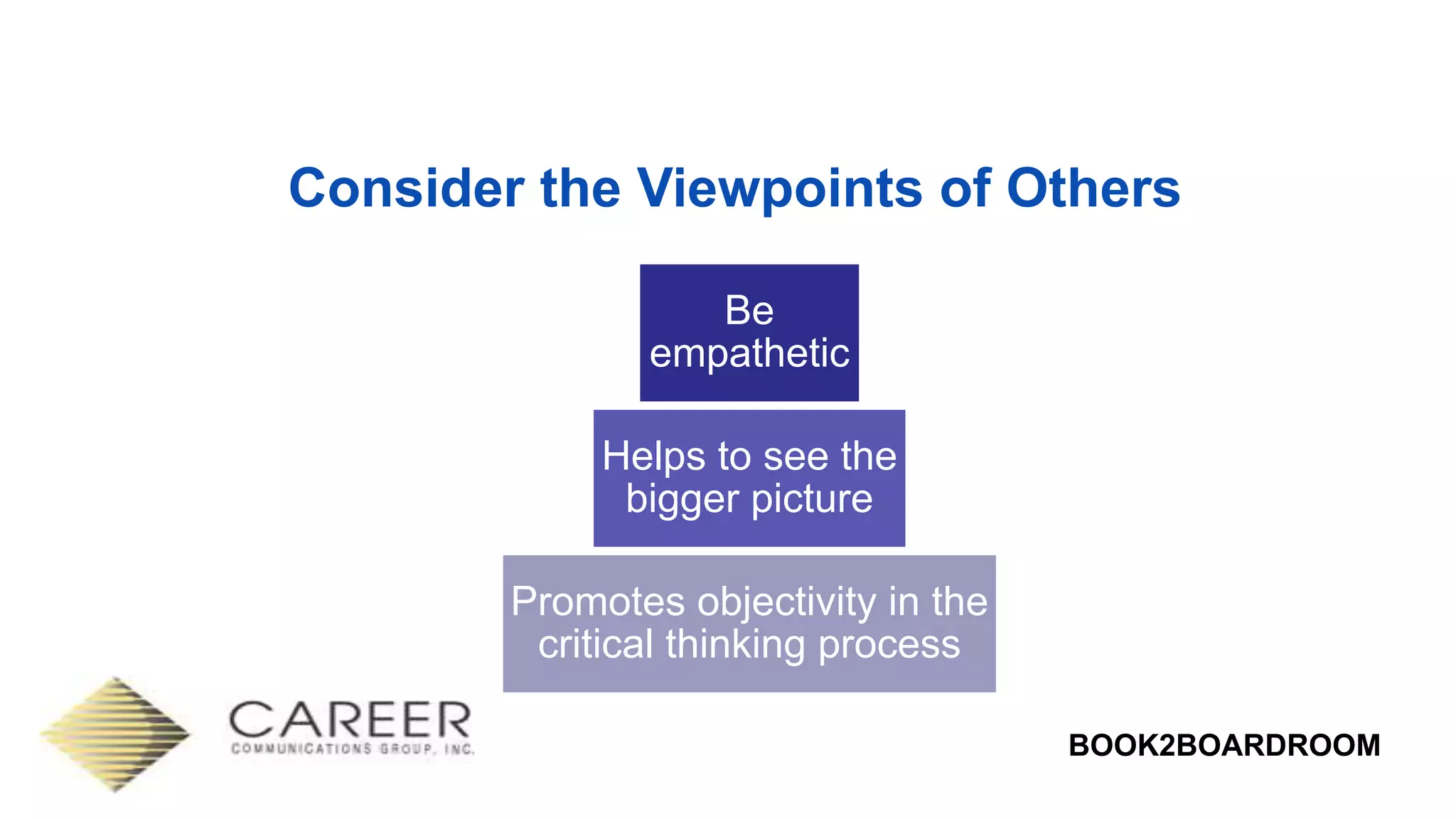 BOOK2BOARDROOM
Consider the Viewpoints of Others
Be
empathetic
Helps to see the
bigger picture
Promotes objectivity in the
critical thinking process
 