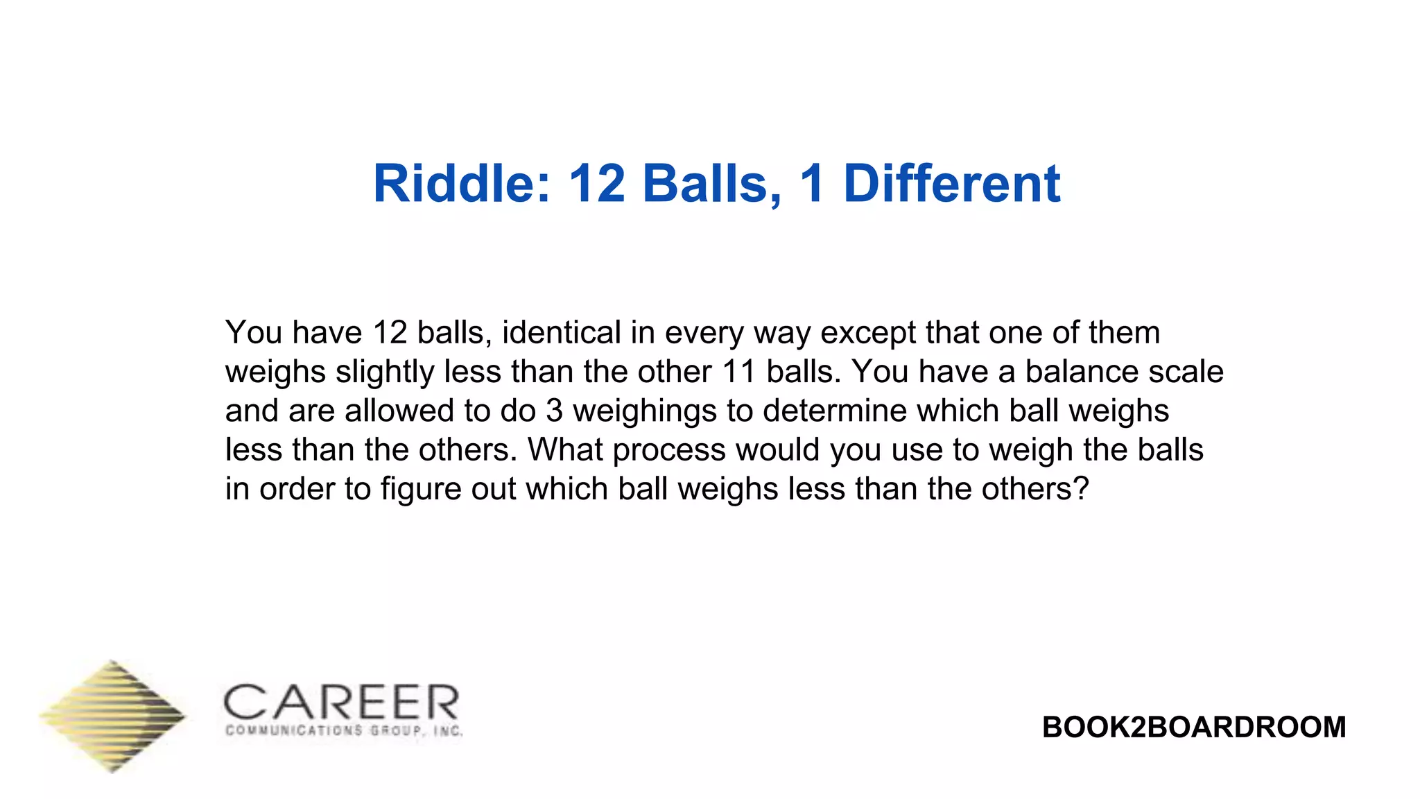 BOOK2BOARDROOM
Riddle: 12 Balls, 1 Different
You have 12 balls, identical in every way except that one of them
weighs slightly less than the other 11 balls. You have a balance scale
and are allowed to do 3 weighings to determine which ball weighs
less than the others. What process would you use to weigh the balls
in order to figure out which ball weighs less than the others?
 