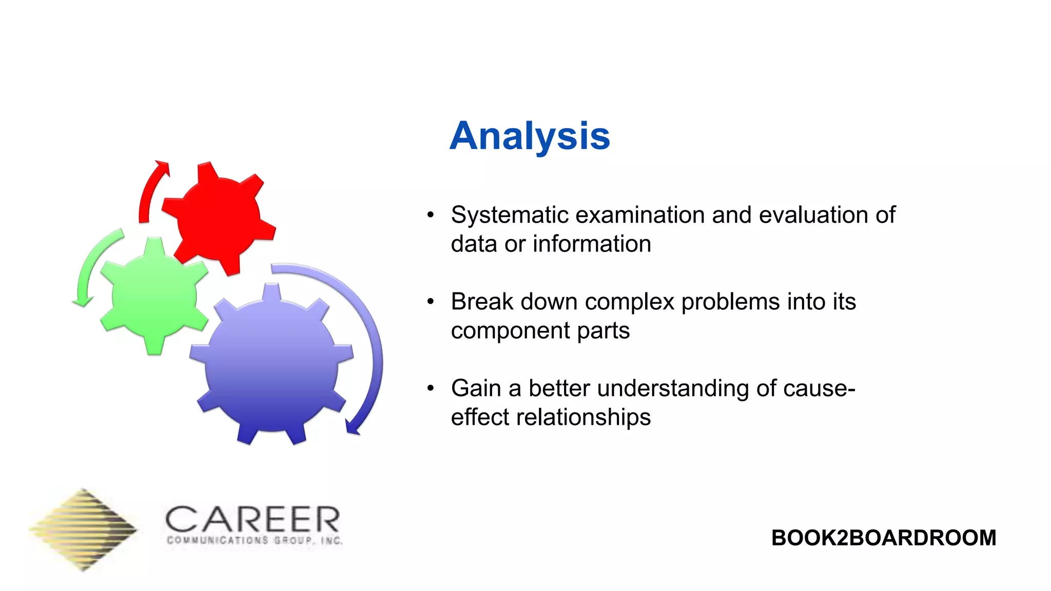 BOOK2BOARDROOM
Analysis
• Systematic examination and evaluation of
data or information
• Break down complex problems into its
component parts
• Gain a better understanding of cause-
effect relationships
 