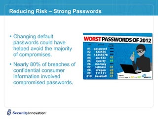 Reducing Risk – Strong Passwords
• Changing default
passwords could have
helped avoid the majority
of compromises.
• Nearly 80% of breaches of
confidential consumer
information involved
compromised passwords.
 